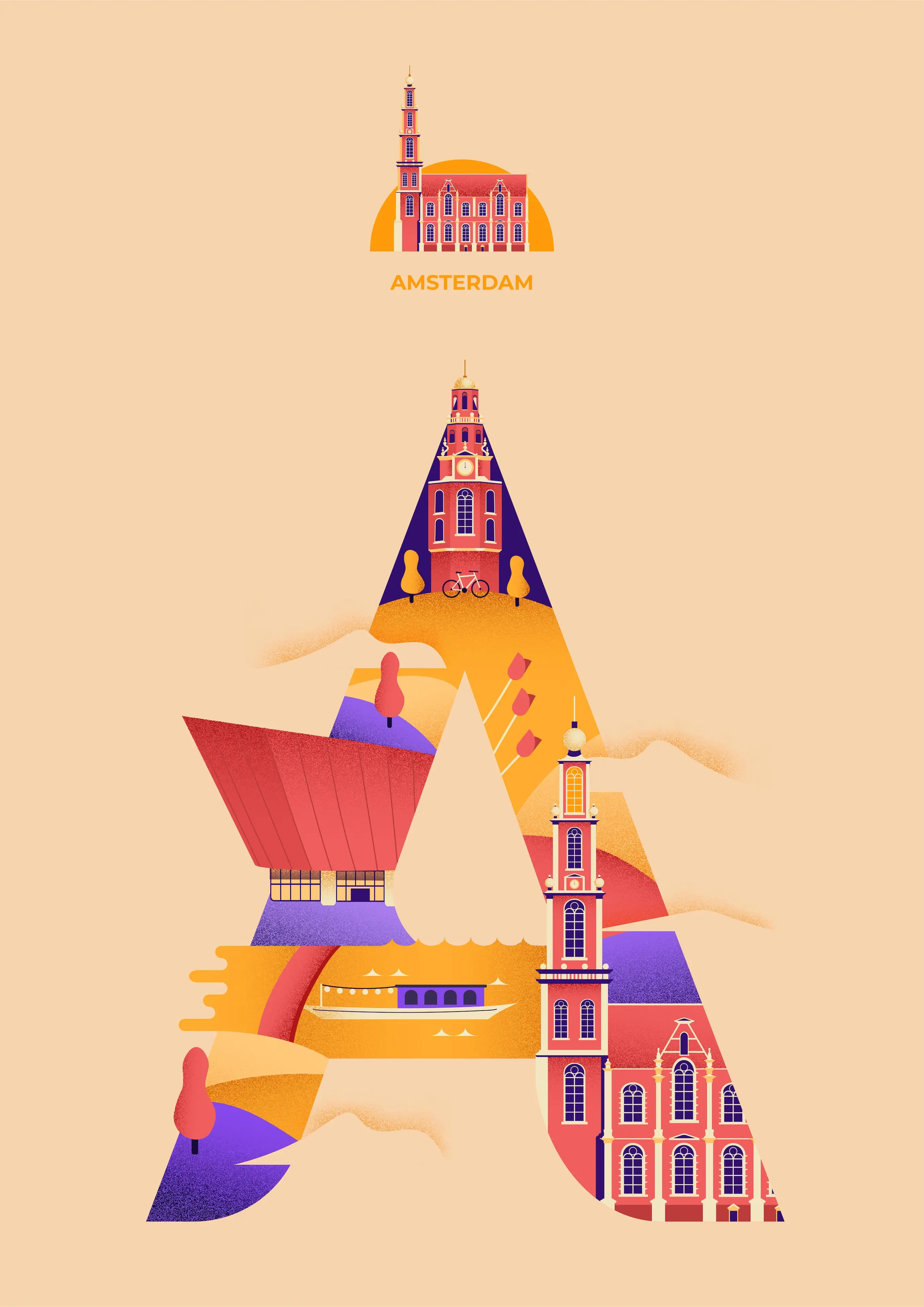 Illustration of the letter A filled with Amsterdam landmarks. At the top of the letter is the Montelbaanstoren clock tower with a bicycle and two small trees at its base. Below are orange hills with red tulips, the NEMO Science Museum on the left, and a canal tour boat decorated with fairy lights. On the right, the Westerkerk chruch stands tall. Above the letter, a small emblem shows the church, captioned 'AMSTERDAM'.